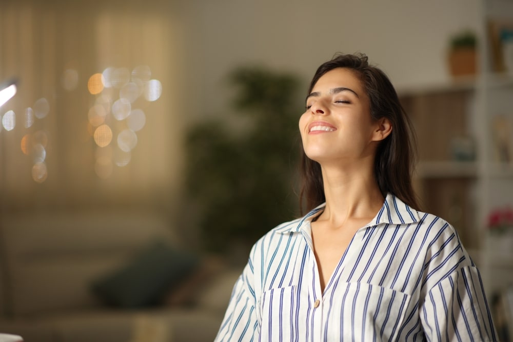Happy,Woman,Breathing,Fresh,Air,In,The,Night,At,Home